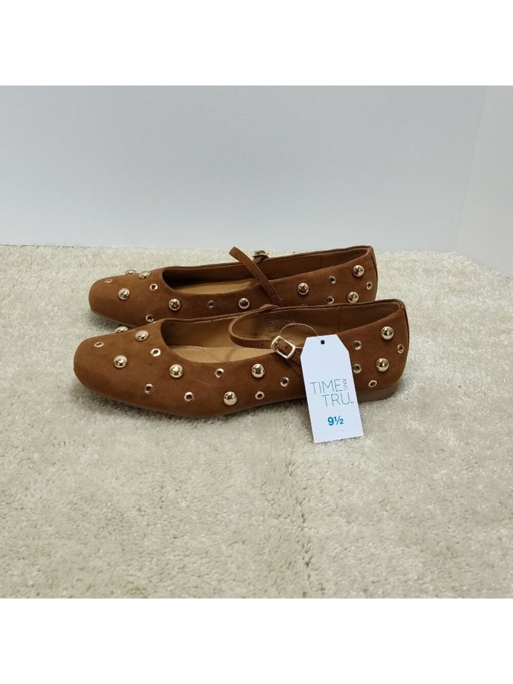 Time And Tru Cognac Studded Mary Jane Flats Loafers Slide Mules Slip-on WMNS 9.5